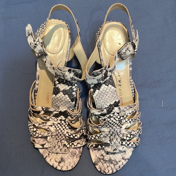 Isaac Mizrahi Live Sandals Size 7M - Leather Upper Snakeskin Cork Wedge - Picture 5 of 8